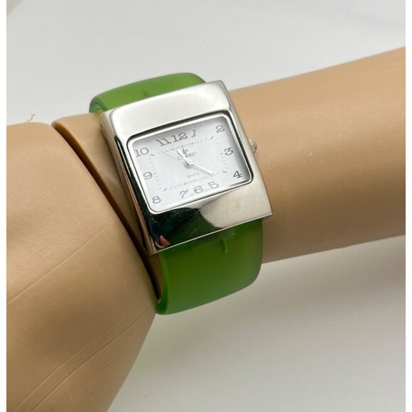 Green Opaque Womens Wide Cuff Watch Silver Tone Square Face Cannes Retro 80s - Picture 6 of 7